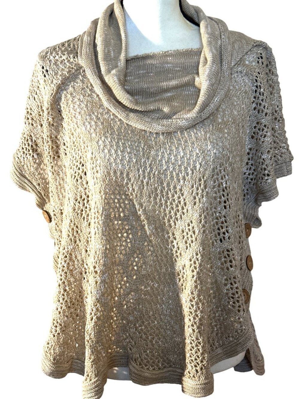 Y2k Summer Crochet Knit Shawl Poncho 1X Beige CJ Banks Classic Contemporary Cowl